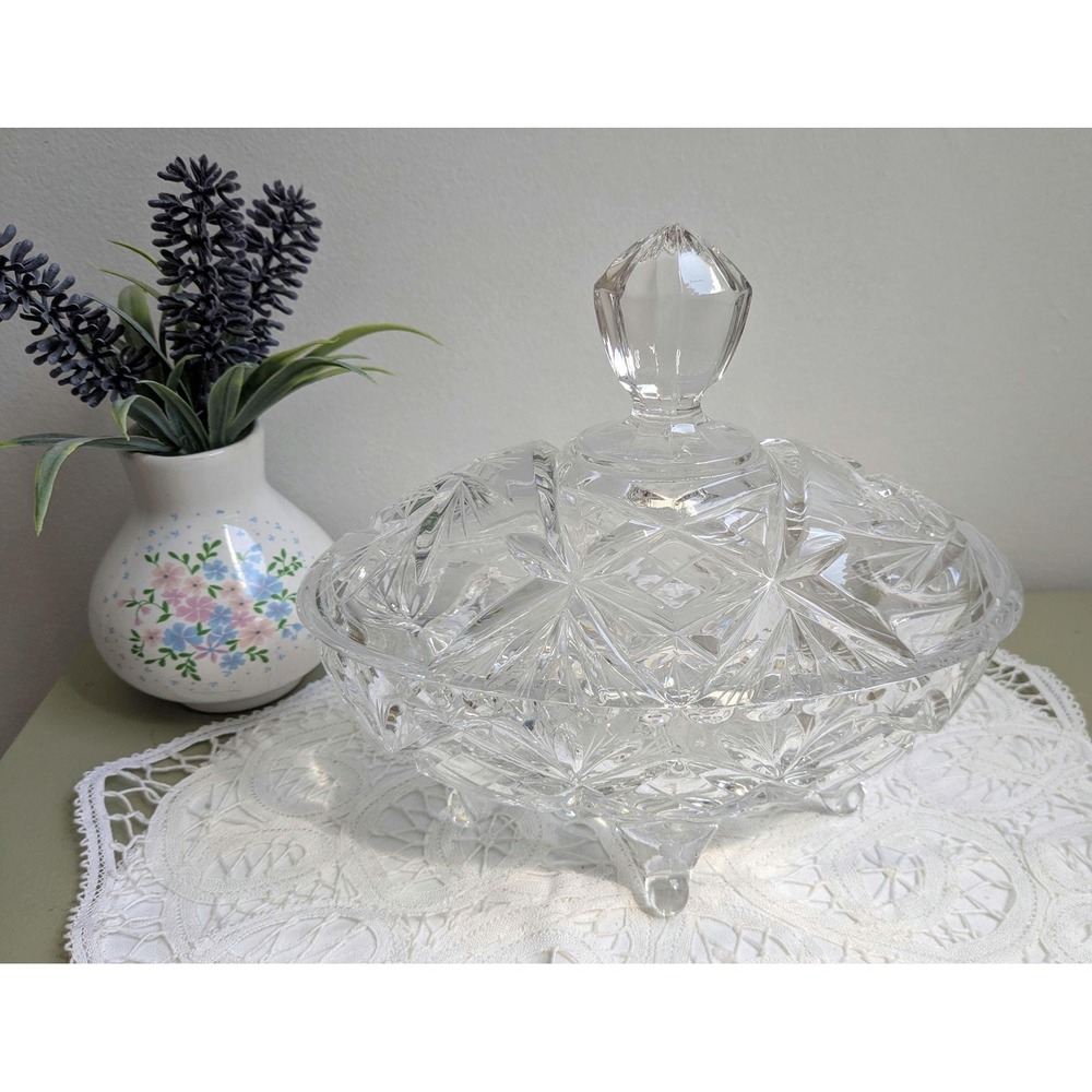 Vintage Crystal‎ Covered Candy Dish with Lid, Pinwheel Cut, Footed Candy Bowl